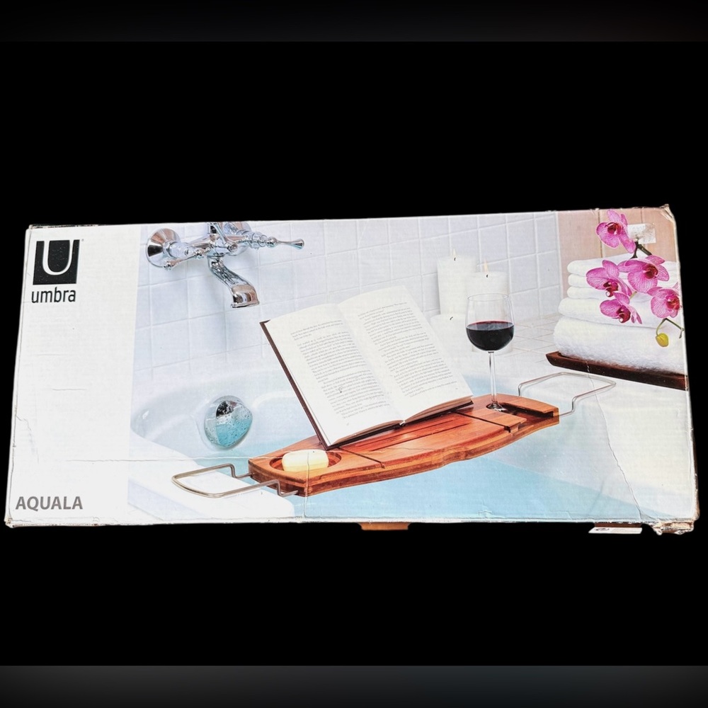Umbra Aqualia Wooden Bamboo Water Resistant Adjustable Bathtub Caddy Tray